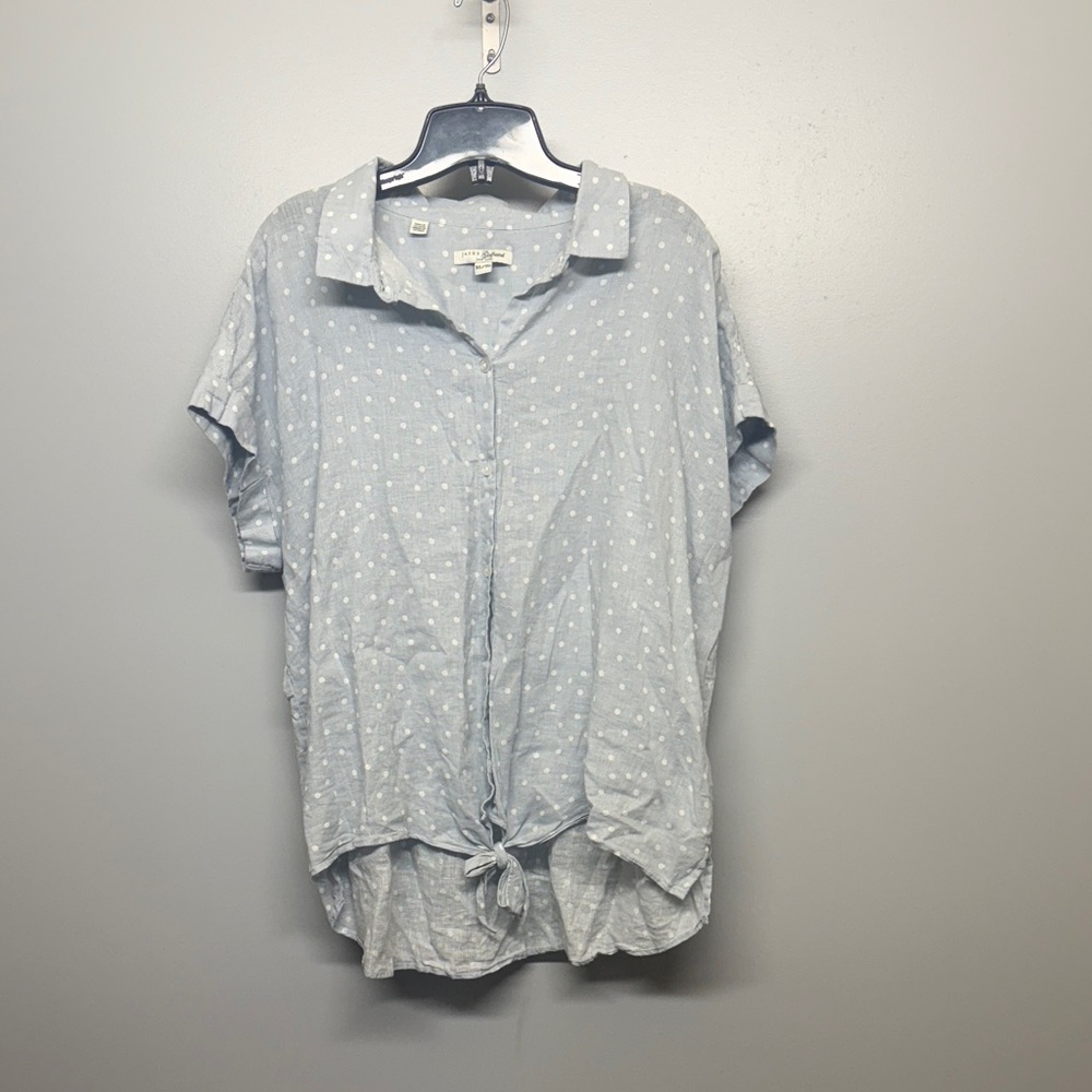 JACHS Girlfriend Light Blue Polka Dot Button Down Front Tie Shirt